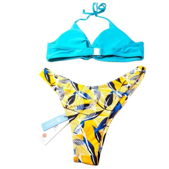 CUPSHE Turquoise Halter O Ring Women's Bikini Set Floral Print Low Rise - Picture 4 of 16
